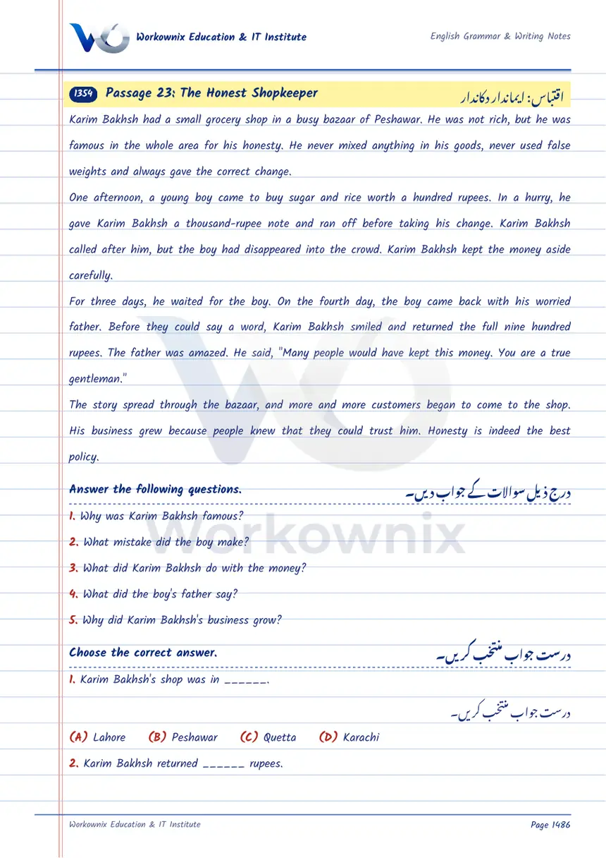 Unseen Passage: The Honest Shopkeeper, page 1 of 2
