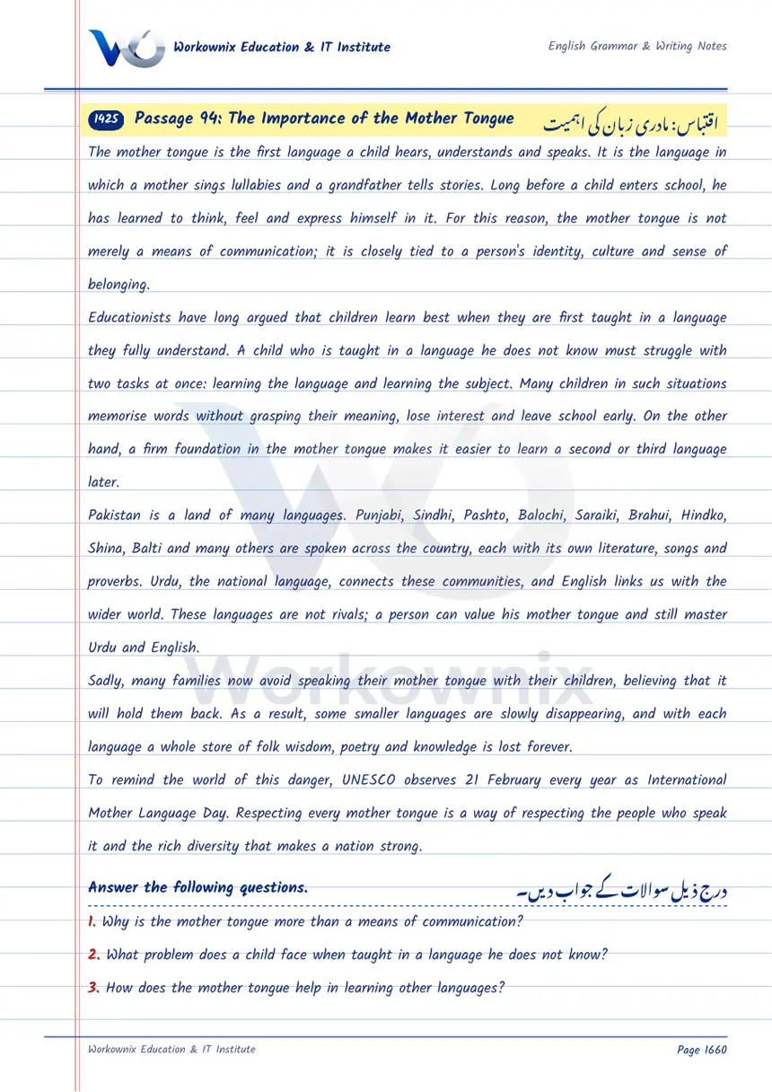 Unseen Passage: The Importance of the Mother Tongue, page 1 of 3