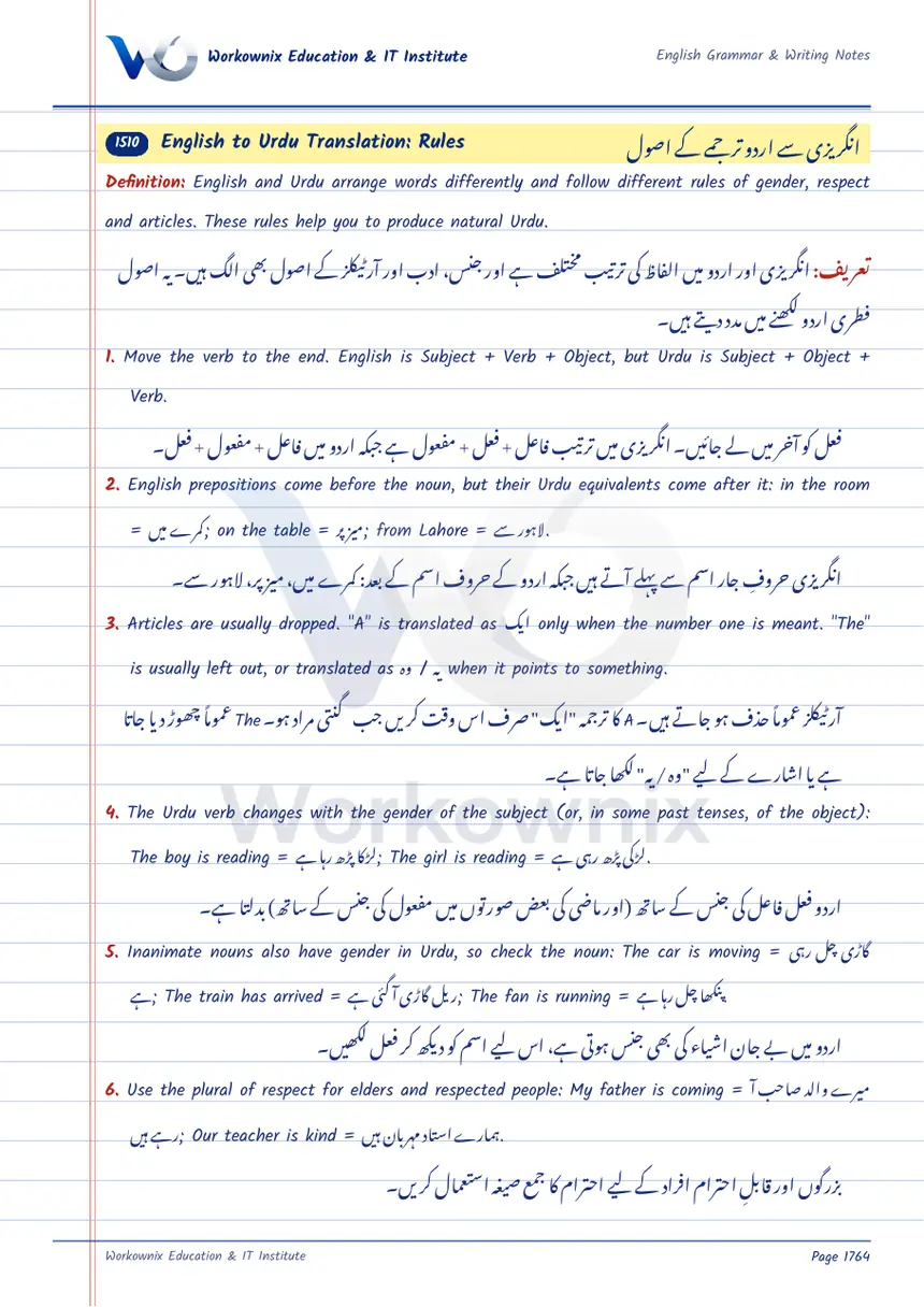 Rules of English to Urdu Translation, page 1 of 2