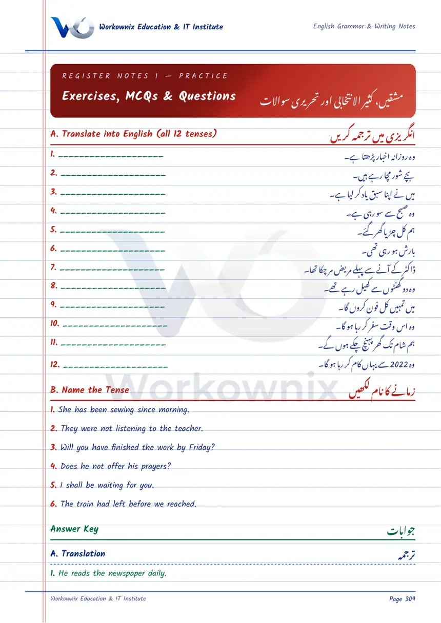 12 Tenses Register Notes Exercises and MCQs with Answers, page 1 of 2
