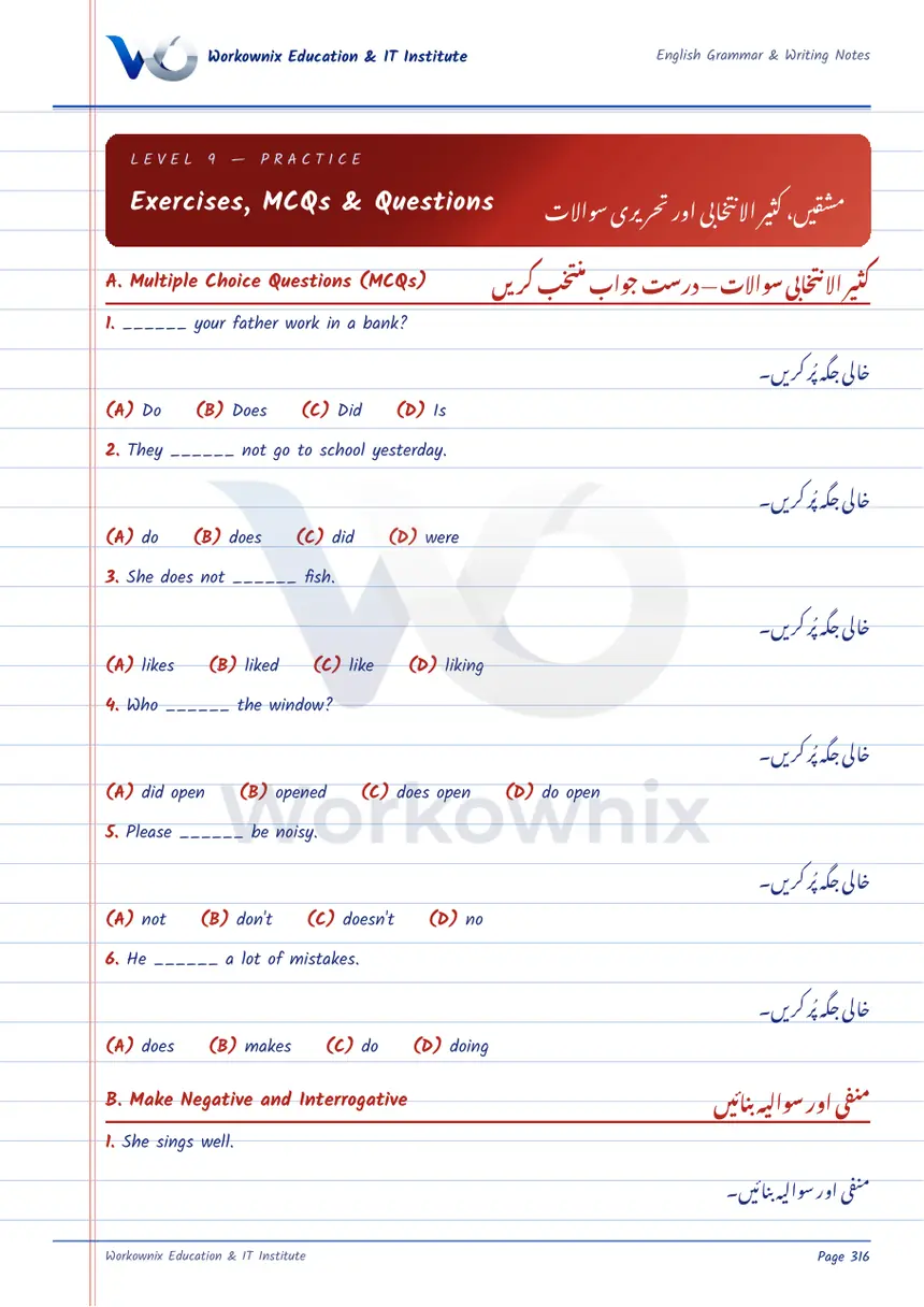 Do, Does and Did Exercises and MCQs with Answers, page 1 of 2