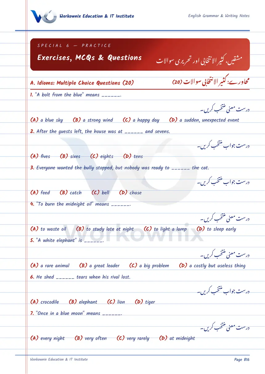 Idioms and Homophones Exercises and MCQs with Answers, page 1 of 7