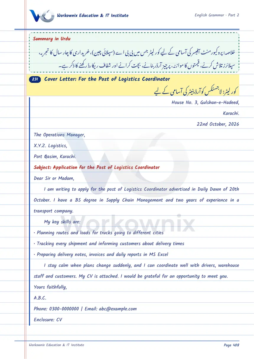 Cover Letter for the Post of Logistics Coordinator, page 1 of 2